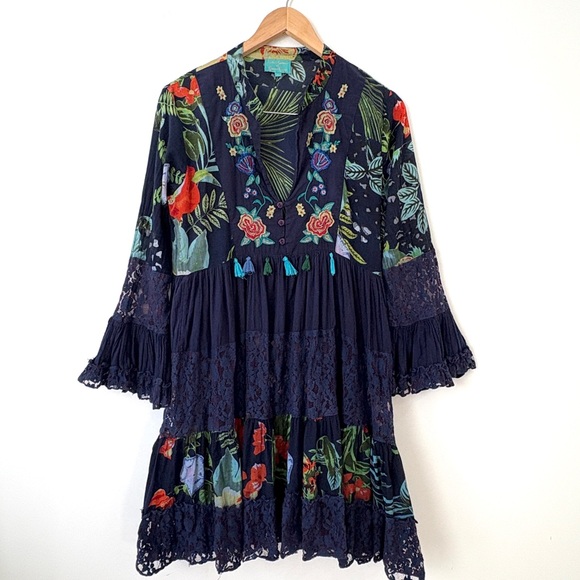 Antica Sartoria Floral Embroidered Boho Tassel Lace Tiered Babydoll Dress Sz M - Picture 2 of 11